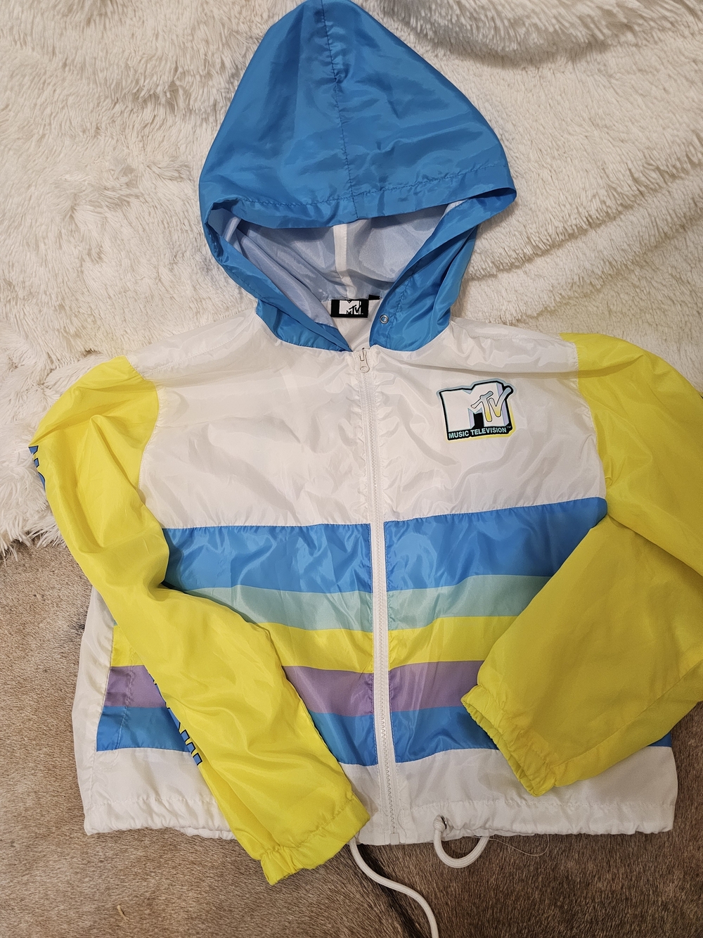 MTV Retro Colorblock Hooded Windbreaker Jacket in Blue, Purple, Yellow, White